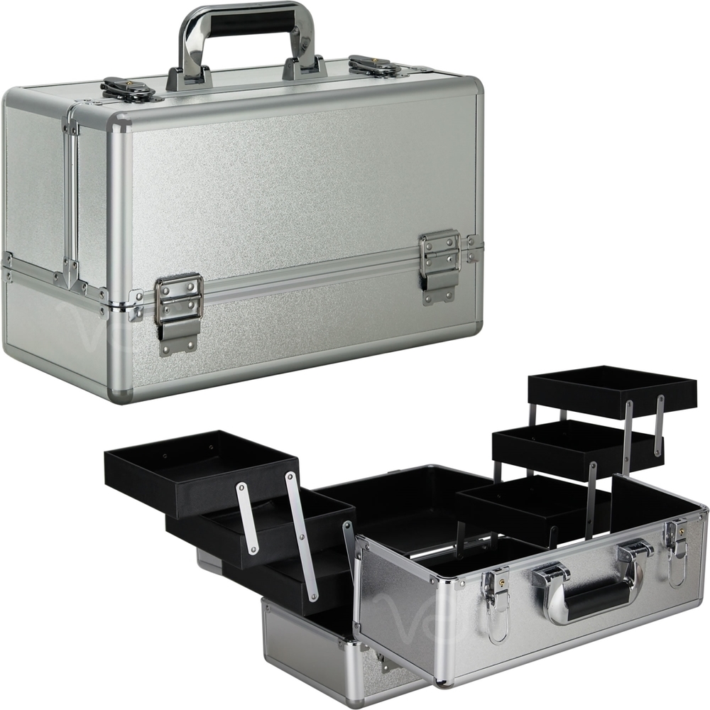 Silver Matte 6-Tiers Makeup Train Case Professional Cosmetic Organizer with Acco